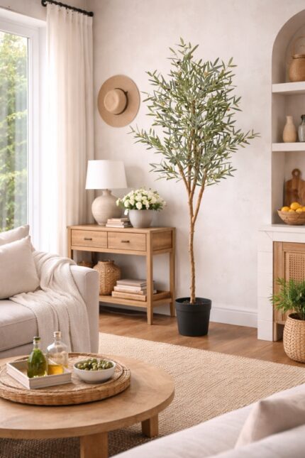 PIANTA ARTIFICIALE DI ULIVO, FOGLIE POLIESTERE SETA, TRONCO IN LEGNO NATURALE, OLIVE FINTE REALISTICHE