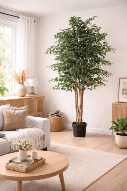 PIANTA ARTIFICIALE DI FICUS BENJAMIN CON TRONCHI INTRECCIATI IN LEGNO NATURALE
